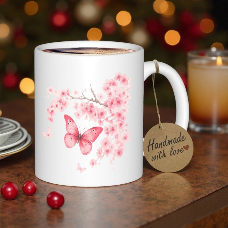 Tailorly White Ceramic 11 oz Mug - Handmade With Love Pink Butterfly Flying Near Delicate Cherry Blossom Tree Branch Butterfly