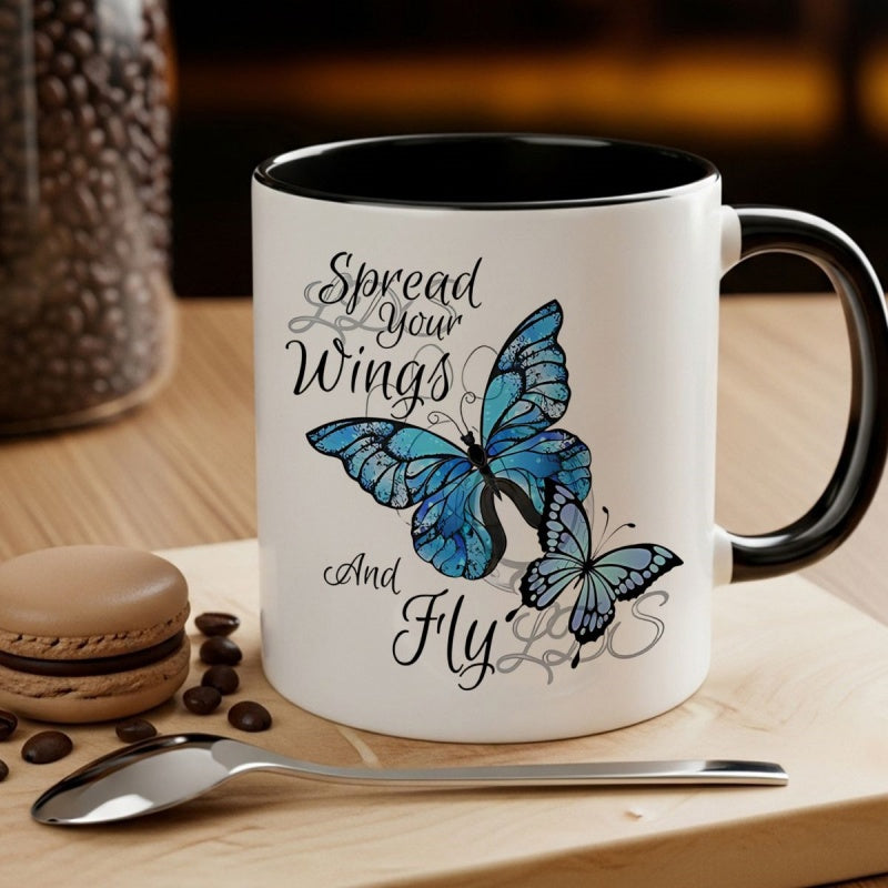 Tailorly Black Accent 11 oz Mug - blue pattern with fly