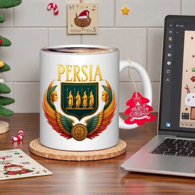 Tailorly White Ceramic 11 oz Mug - Persia Ancient Golden Seal Featuring Majestic Wings And Royal Warriors Crest