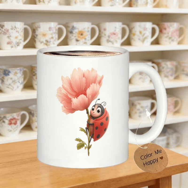 Tailorly White Ceramic 11 oz Mug - Color Me Happy Cute Cartoon Ladybug Clinging To A Large Pink Petal Blossom Ladybug