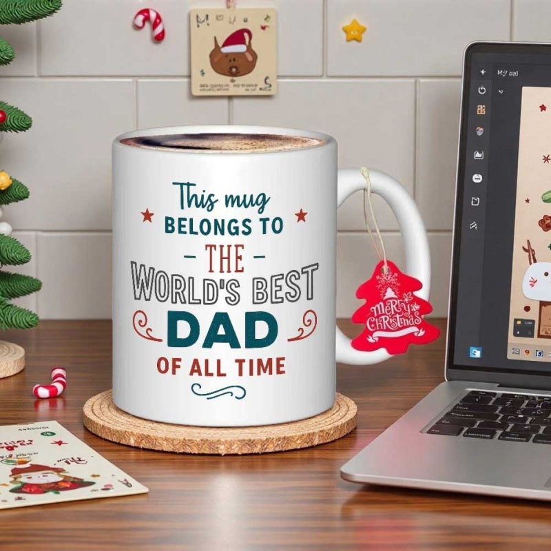 Tailorly White Ceramic 11 oz Mug - This Mug Belongs To The World's Best Dad Of All Time Decorative Stars And Swirls Surrounding Classic Bold Sentimental Mug