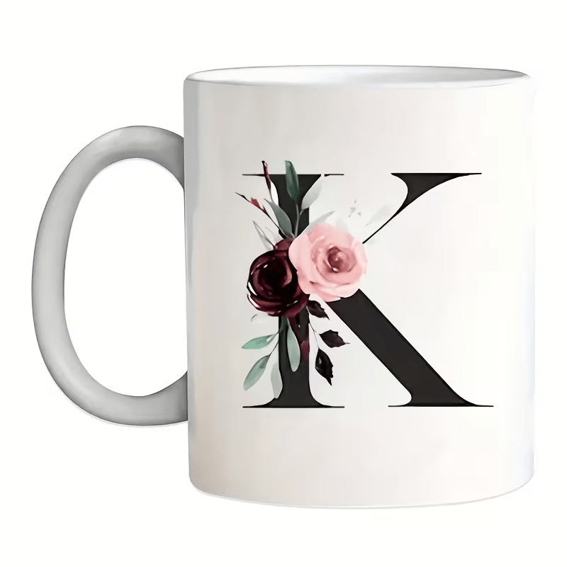 Tailorly White Ceramic 11 oz Mug - K Elegant Serif Letter Adorned With Blooming Roses And Lush Green Foliage Monogram