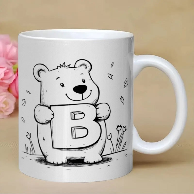 Tailorly White Ceramic 11 oz Mug - B Minimalist Line Art Style Smiling Bear Holding Letter Among Petals Bear