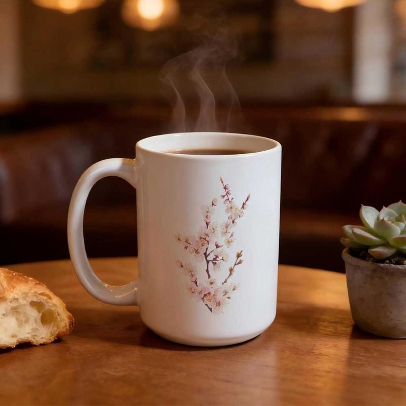 Tailorly White Ceramic 11 oz Mug - Serene Watercolor Style Cherry Blossom With Delicate Pink Petals Branch