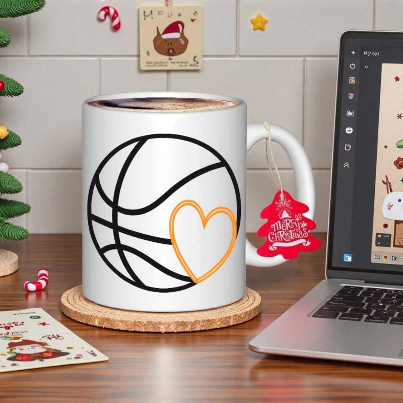 Tailorly White Ceramic 11 oz Mug - Minimalist Black Line Art Style With Golden Heart Outline Basketball