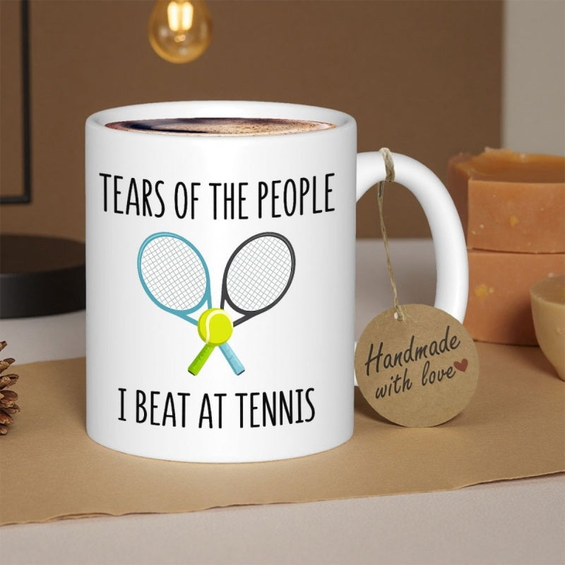 Tailorly White Ceramic 11 oz Mug - Tears Of The People I Beat At Tennis Simple Crossed Equipment In Blue And Black With Bright Yellow Ball Racket