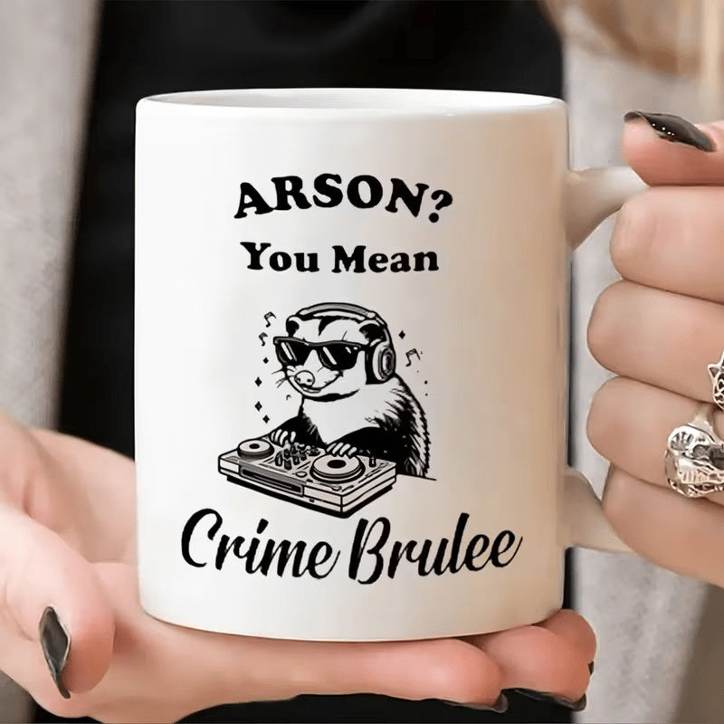 Tailorly White Ceramic 11 oz Mug - Arson You Mean Crime Brulee Minimalist Black And White DJ Wearing Sunglasses Mixing On Turntable Opossum