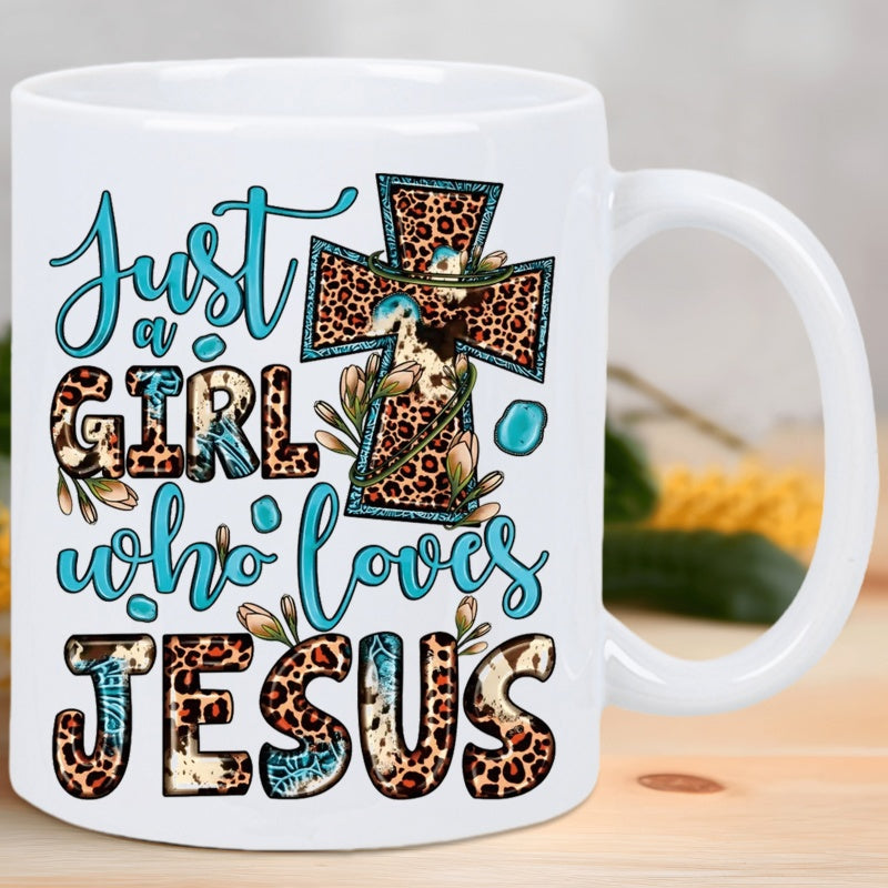 Tailorly White Ceramic 11 oz Mug - Just A Girl Who Loves Jesus Leopard Print Pattern Ornamented Religious Cross Among Small Floral Leaf Accents Cross