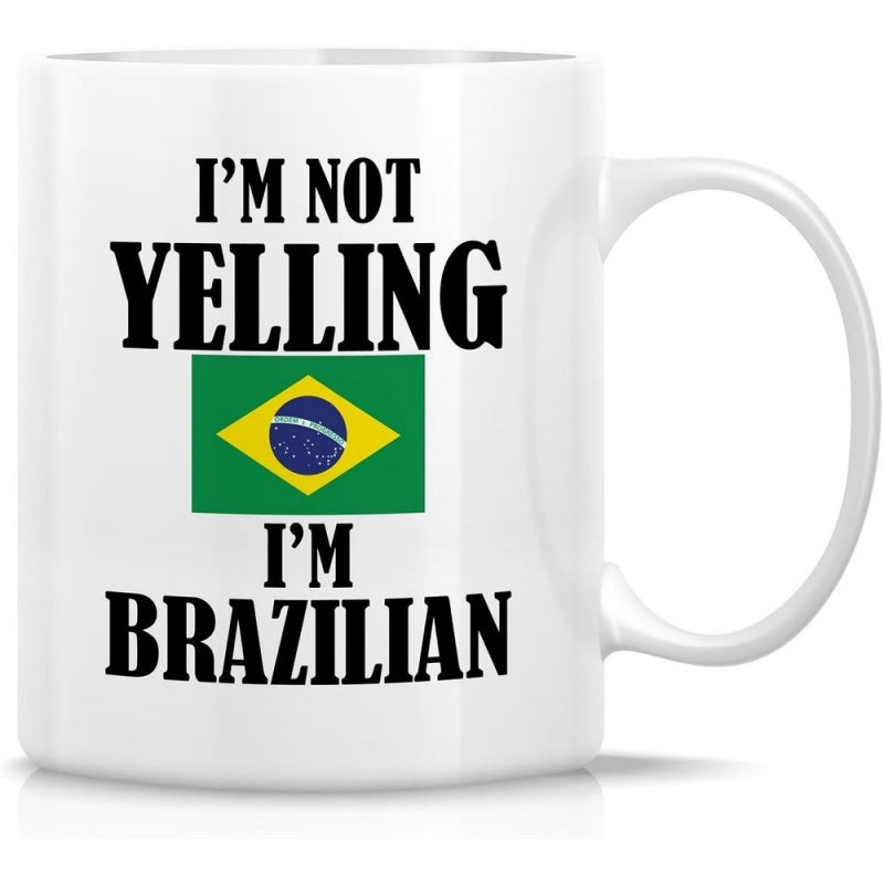 Tailorly White Ceramic 11 oz Mug - Im Not Yelling Im Brazilian Vibrant National Flag Of Brazil With Starry Blue Globe Symbol Mug