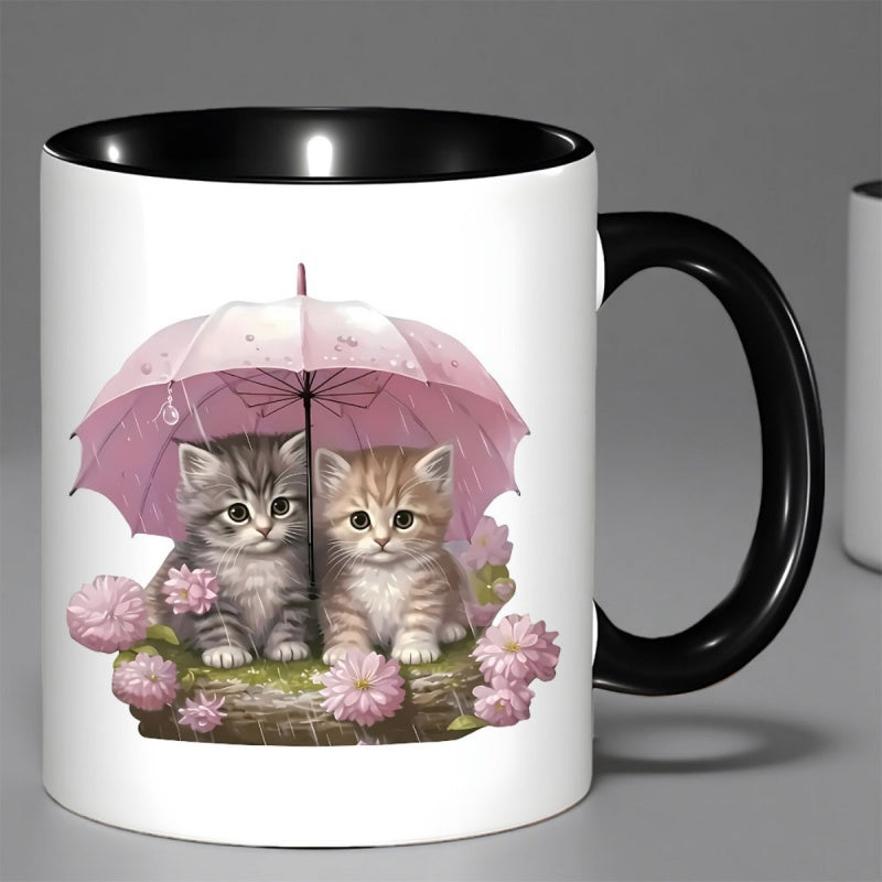 Tailorly Black Accent 11 oz Mug - kittens under an umbrella with flowers