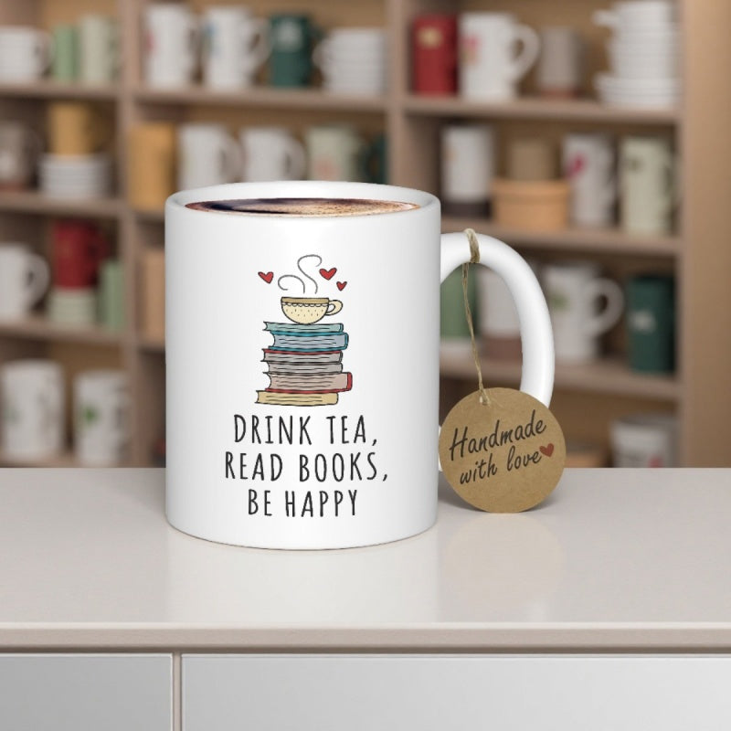 Tailorly White Ceramic 11 oz Mug - Drink Tea Read Books Be Happy Colorful Stack Of Literature With Steaming Hot Teacup Books