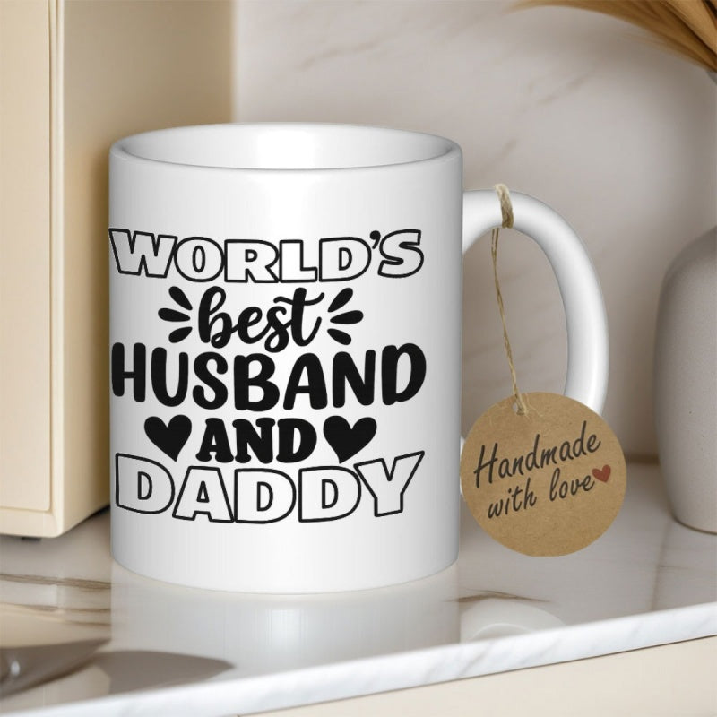 Tailorly White Ceramic 11 oz Mug - Worlds Best Husband And Daddy Elegant White Ceramic Featuring Bold Black Typographic Design With Small Hearts Mug