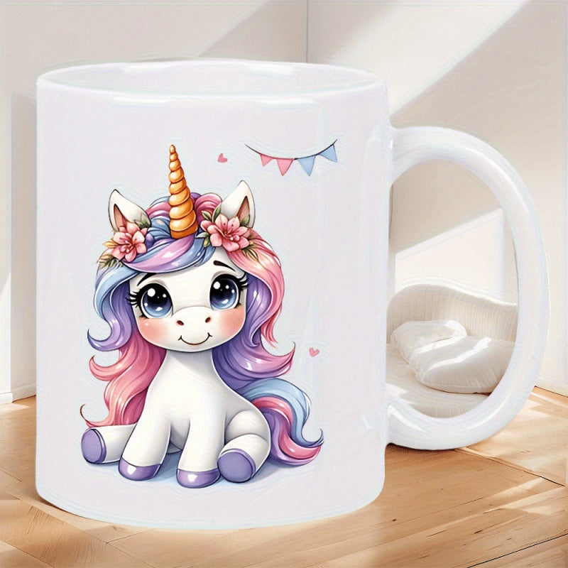 Tailorly White Ceramic 11 oz Mug - Sweet Sitting Baby With Colorful Mane And Golden Magic Horn Unicorn