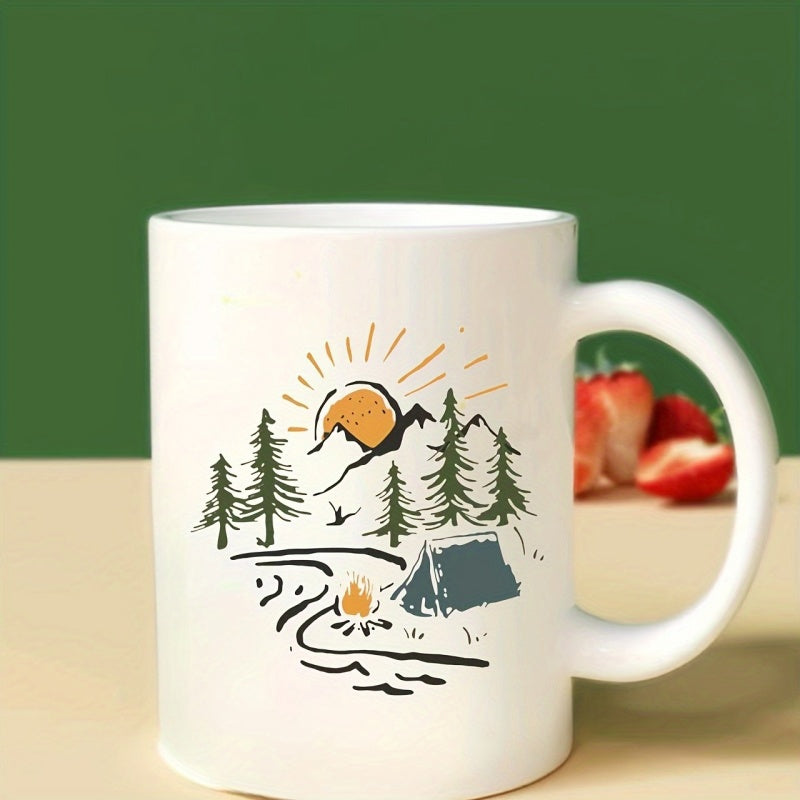 Tailorly White Ceramic 11 oz Mug - Scenic Morning Sun Rising Over Forest Mountains With Tent And Campfire Landscape