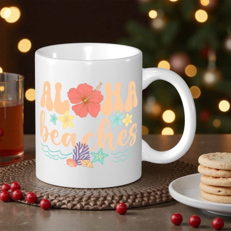Tailorly White Ceramic 11 oz Mug - Aloha Beaches Vibrant Tropical Hibiscus Surrounded By Colorful Sea Life And Waves Flower