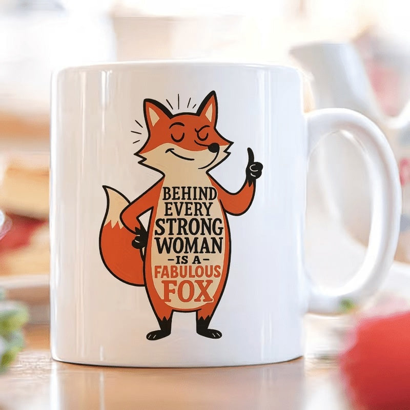 Tailorly White Ceramic 11 oz Mug - Behind Every Strong Woman Is A Fabulous Fox Charming Standing Cartoon Animal Featuring Motivational Slogan Orange Fox