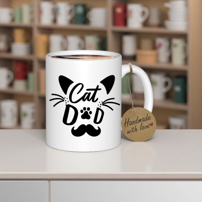 Tailorly White Ceramic 11 oz Mug - Cat Dad Minimalist Black Cat Face Features With Whiskers And Small Mustache Cat