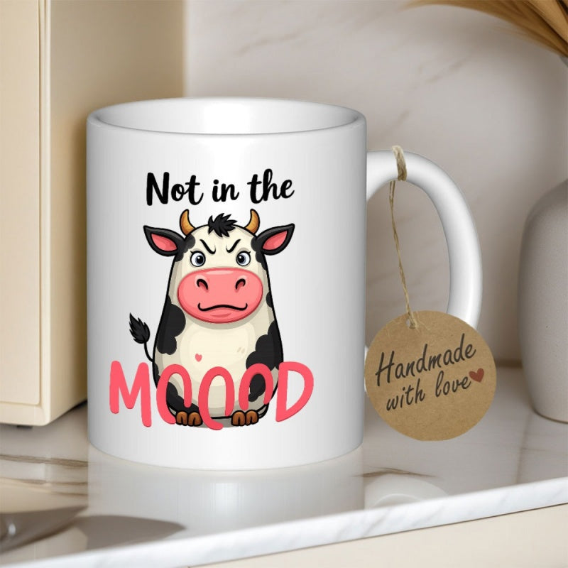 Tailorly White Ceramic 11 oz Mug - Not In The Moood Grumpy Cartoon Dairy Cattle Sitting With An Annoyed Facial Expression Cow