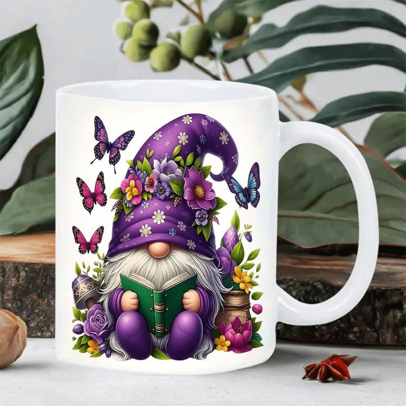 Tailorly White Ceramic 11 oz Mug - Whimsical Purple Hat Character Reading A Green Book With Butterflies Gnome