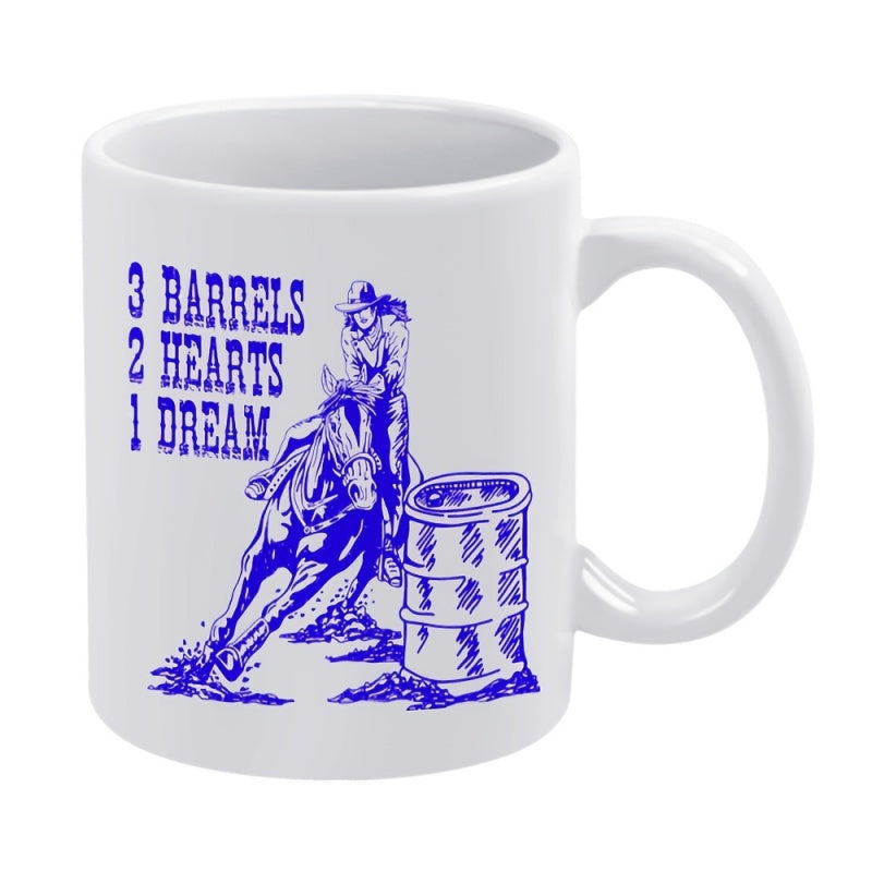 Tailorly White Ceramic 11 oz Mug - 3 Barrels 2 Hearts 1 Dream Intricate Western Cowgirl Racing Around A Large Steel Barrel Horse