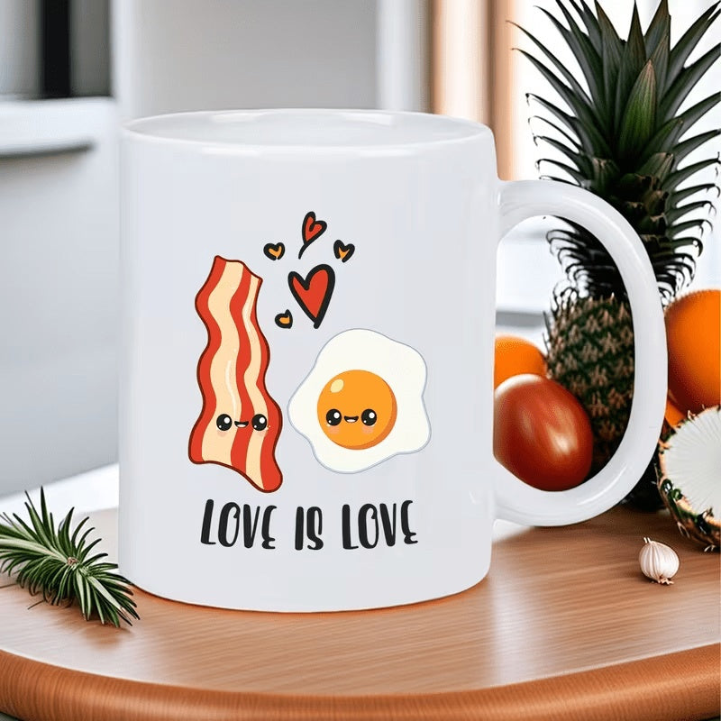 Tailorly White Ceramic 11 oz Mug - Love Is Love Adorable Cartoon Bacon And Fried Egg With Hearts Breakfast