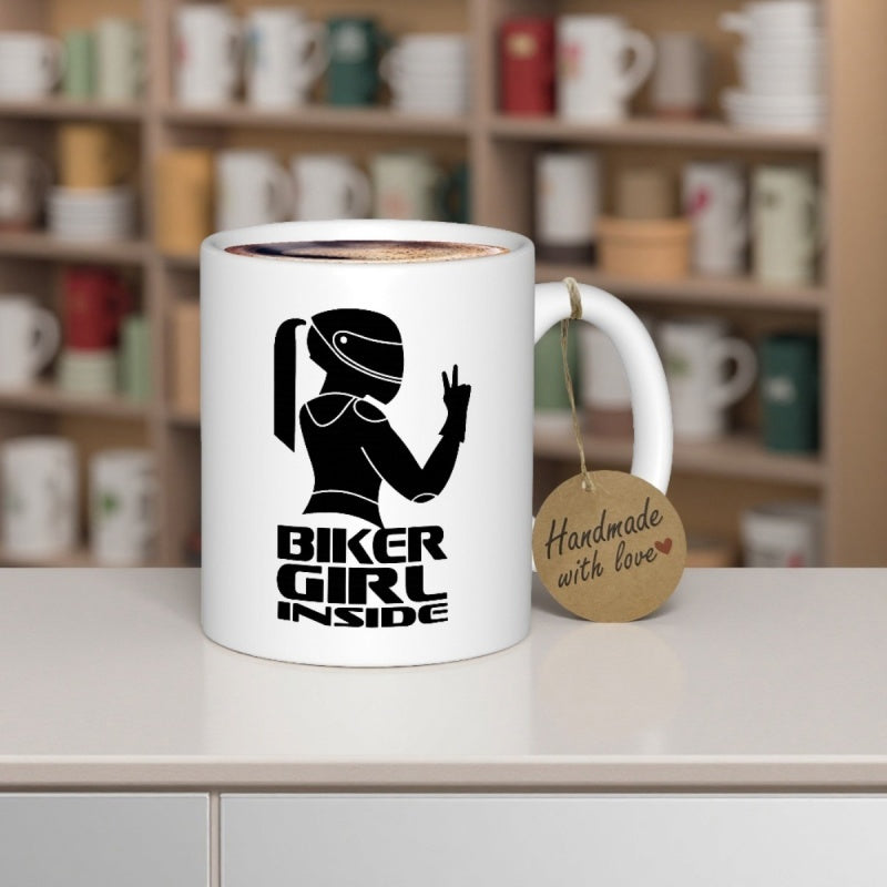 Tailorly White Ceramic 11 oz Mug - Biker Girl Inside Silhouette Of A Rider Wearing A Helmet Making Peace Sign Motorcyclist