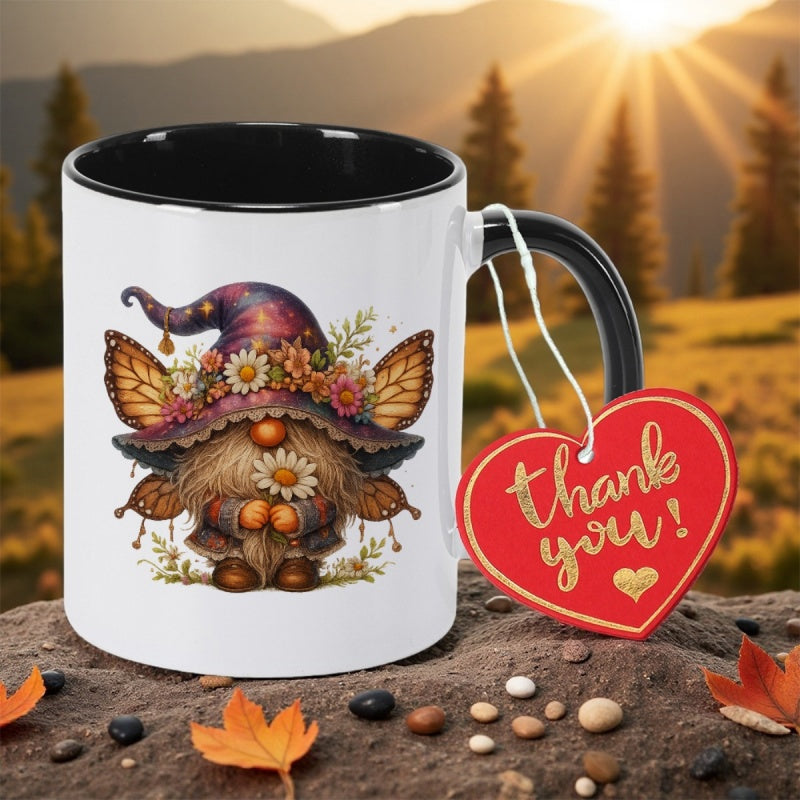 Tailorly Black Accent 11 oz Mug - whimsical gnome with floral prints