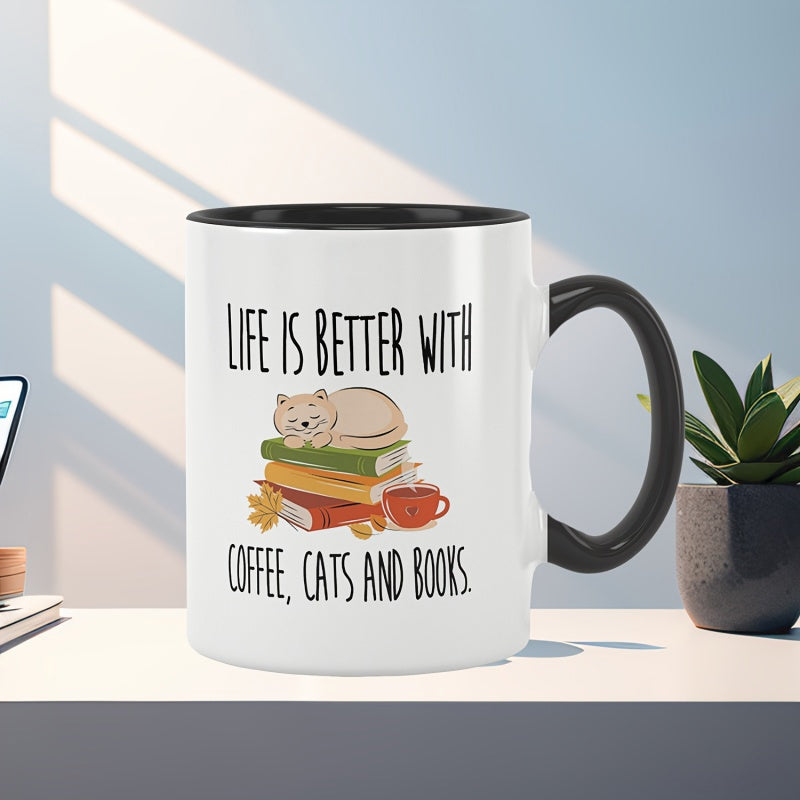 Tailorly Black Accent 11 oz Mug - cat and books design
