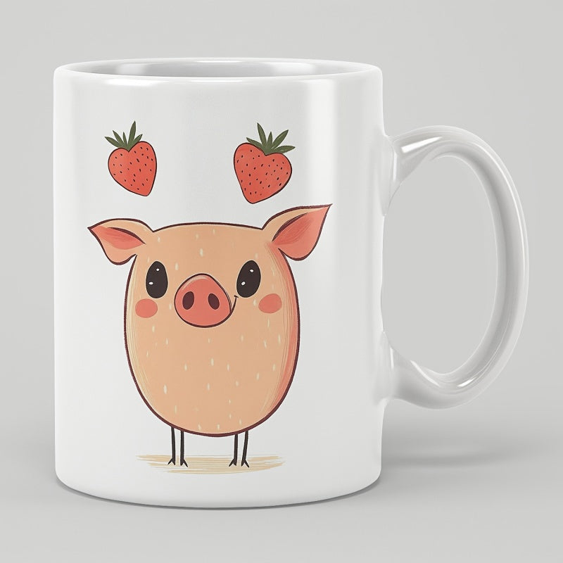 Tailorly White Ceramic 11 oz Mug - Cute Cartoon Pink Animal With Red Strawberries Floating Above Its Head Pig