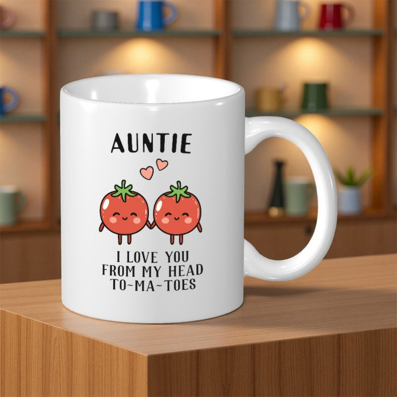 Tailorly White Ceramic 11 oz Mug - Auntie I Love You From My Head To Ma Toes Two Cute Smiling Red Tomatoes Holding Hands Under Hearts Tomato
