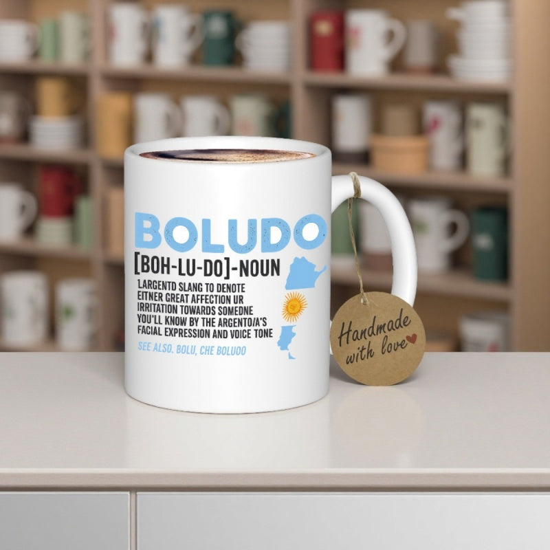 Tailorly White Ceramic 11 oz Mug - Boludo Noun Minimalist Map Of Argentina With Golden Sun Symbol And Dictionary Definition Typography Mug