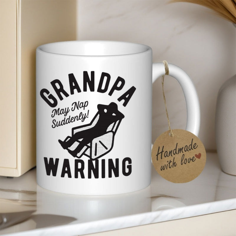 Tailorly White Ceramic 11 oz Mug - Grandpa Warning May Nap Suddenly Simple Black Silhouette Resting In A Reclining Lounge Armchair