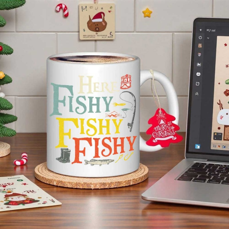 Tailorly White Ceramic 11 oz Mug - Here Fishy Fishy Fishy Colorful Vintage Typography With Fishing Gear And Tackle Fish