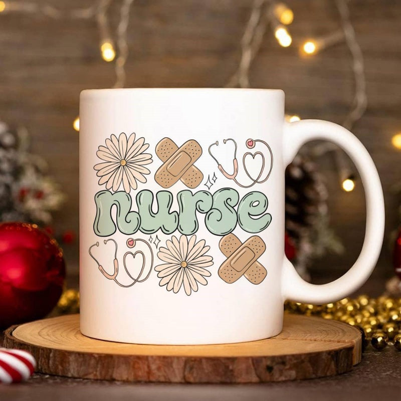 Tailorly White Ceramic 11 oz Mug - Nurse Retro Groovy Style With Floral Daisies And Medical Stethoscope Icons Nurse