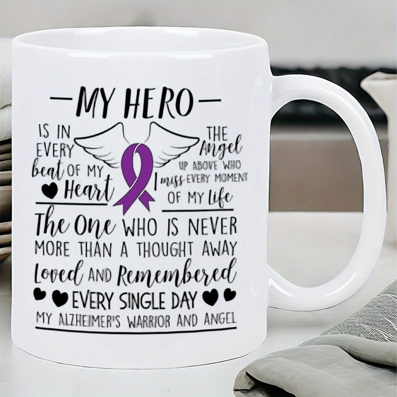 Tailorly White Ceramic 11 oz Mug - My Hero Purple Awareness Ribbon With White Wings And Small Hearts Ribbon