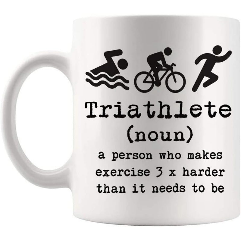 Tailorly White Ceramic 11 oz Mug - Triathlete Noun A Person Who Makes Exercise Three Times Harder Minimalist Black Sports Icons Depicting Swimming Cycling Running