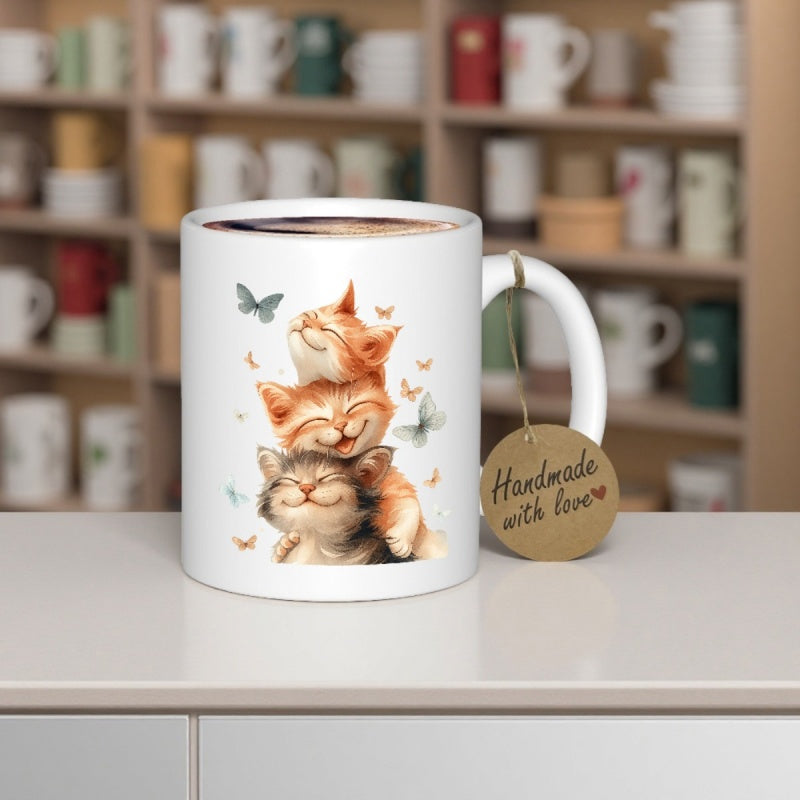 Tailorly White Ceramic 11 oz Mug - Handmade With Love Three Adorable Small Cats Playing Together Among Delicate Flying Butterflies Kitten