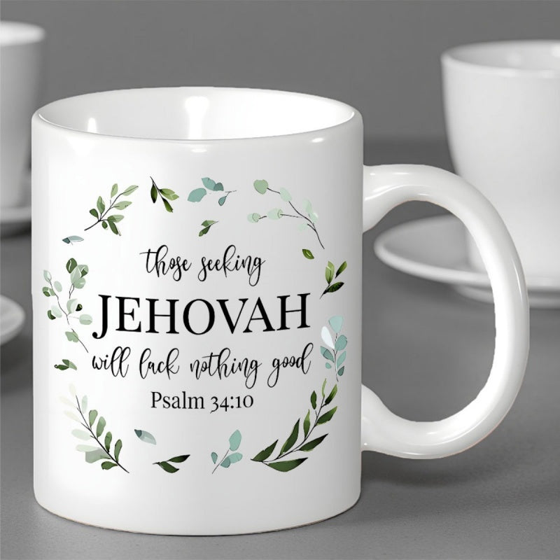 Tailorly White Ceramic 11 oz Mug - Those Seeking Jehovah Will Lack Nothing Good Psalm 34 10 Delicate Green Botanical Leaves Arranged In A Decorative Circular