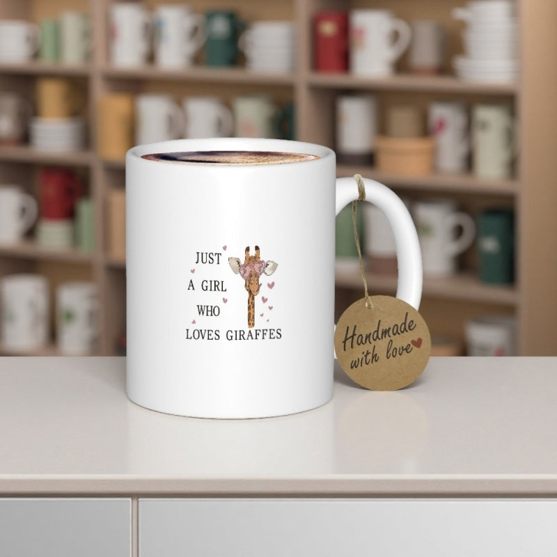 Tailorly White Ceramic 11 oz Mug - Just A Girl Who Loves Giraffes Minimalist Illustration Featuring A Calm Long Neck Animal Among Stars Giraffe