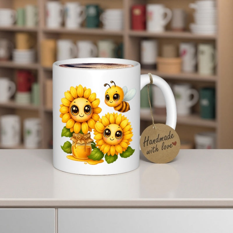 Tailorly White Ceramic 11 oz Mug - Handmade With Love Adorable Smiling Sunflowers And Tiny Bee Sitting Within Golden Honey Pot Sunflower