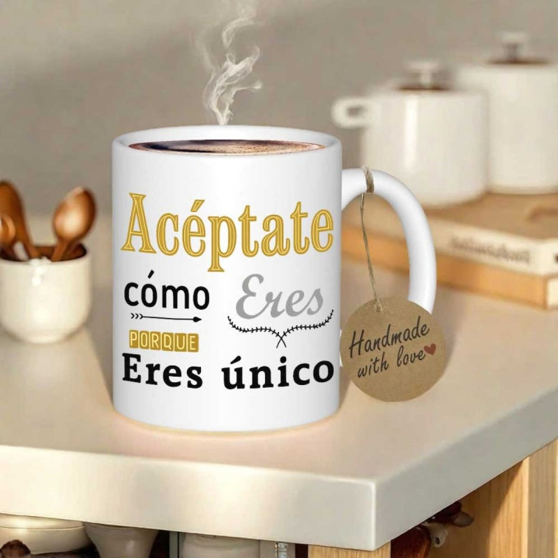 Tailorly White Ceramic 11 oz Mug - Handmade With Love Elegant White Ceramic Steaming Coffee Cup Sitting On A Wooden Kitchen Counter Mug