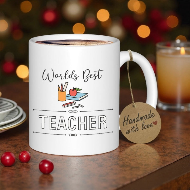 Tailorly White Ceramic 11 oz Mug - Worlds Best Teacher School Supplies Including Pencils Apple And Book In A Cute Arrangement Mug