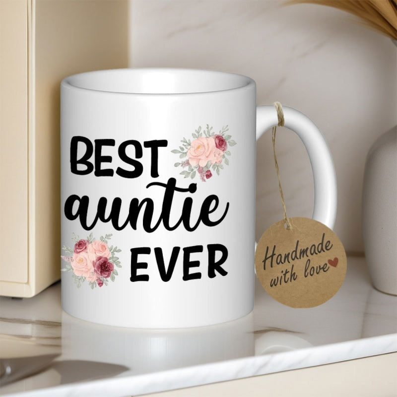 Tailorly White Ceramic 11 oz Mug - Best Auntie Ever Elegant Pink Floral Arrangements With Vibrant Green Leaves And Petals Mug