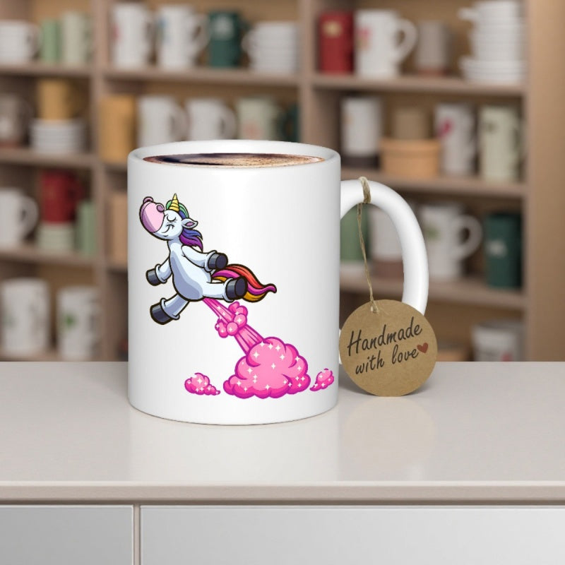 Tailorly White Ceramic 11 oz Mug - Magical Cartoon Creature Flying High Above Vibrant Pink Clouds Unicorn