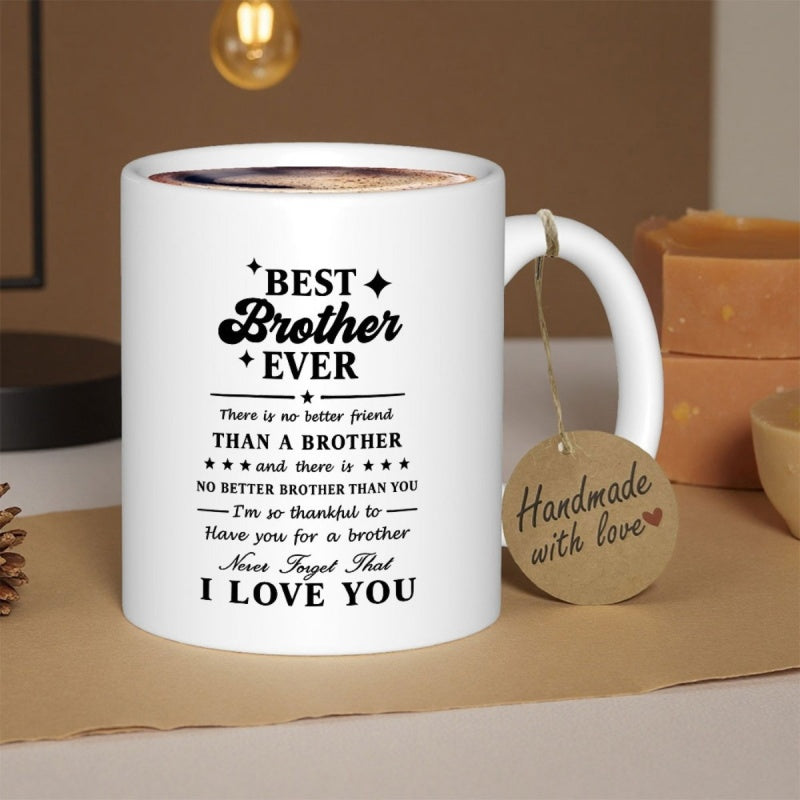 Tailorly White Ceramic 11 oz Mug - Best Brother Ever I Love You Elegant Minimalist Black Ink Typography Featuring Decorative Stars And Lines Mug