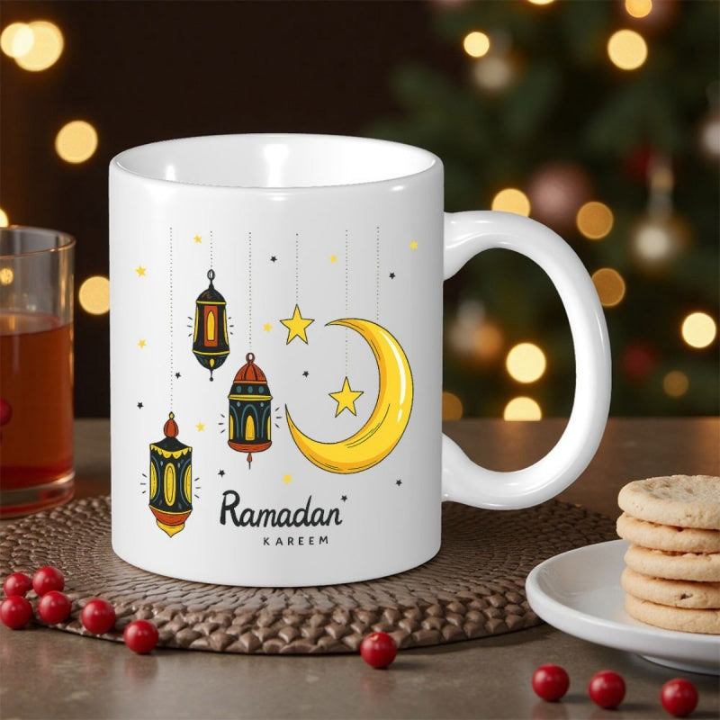 Tailorly White Ceramic 11 oz Mug - Ramadan Kareem Traditional Hanging Lanterns With Golden Crescent Moon And Glowing Stars Lantern