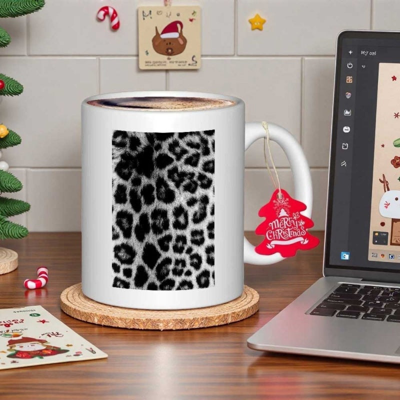 Tailorly White Ceramic 11 oz Mug - Monochrome Elegant Wildlife Animal Texture With Intricate Spotted Details Leopard Pattern