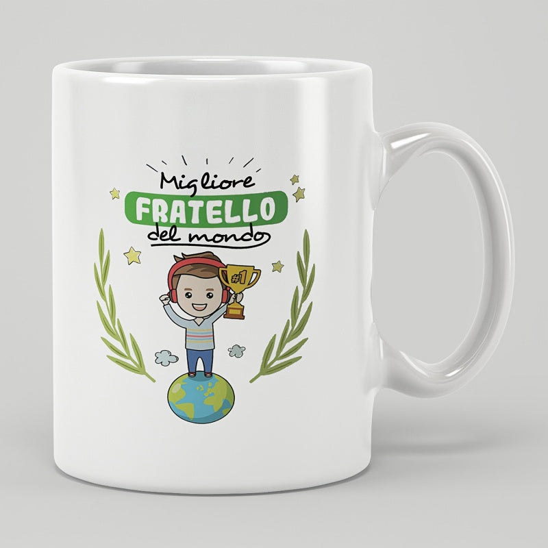 Tailorly White Ceramic 11 oz Mug - Cheerful Cartoon Character Holding Gold Trophy Standing On Top Globe Brother