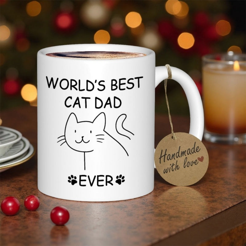 Tailorly White Ceramic 11 oz Mug - Worlds Best Cat Dad Ever Minimalist Hand Drawn Feline Silhouette Featuring Tiny Decorative Paw Prints Cat