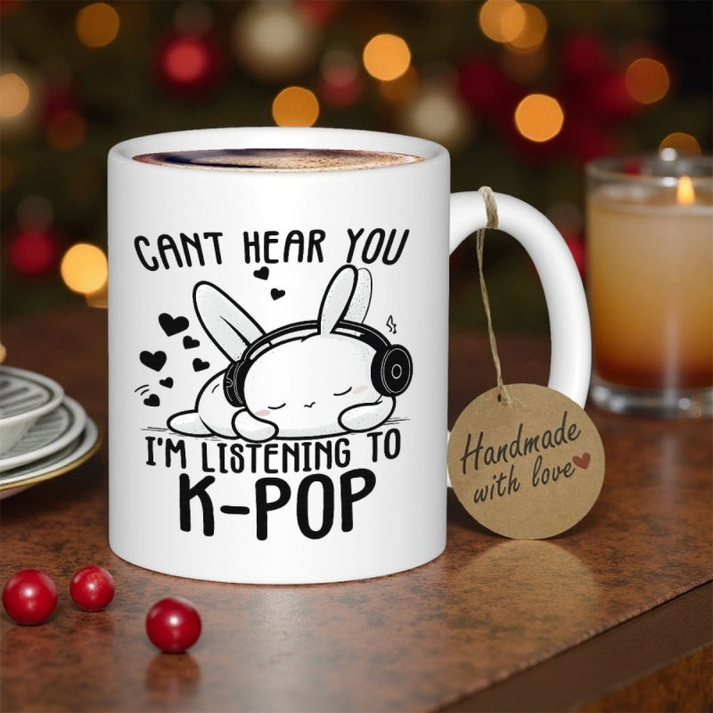 Tailorly White Ceramic 11 oz Mug - Cant Hear You Im Listening To Kpop Adorable Resting Animal Wearing Headphones With Tiny Hearts And Music Notes Rabbit
